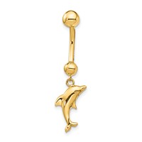 14K Yellow Gold 14 Gauge Dolphin Dangle Belly Ring view 3