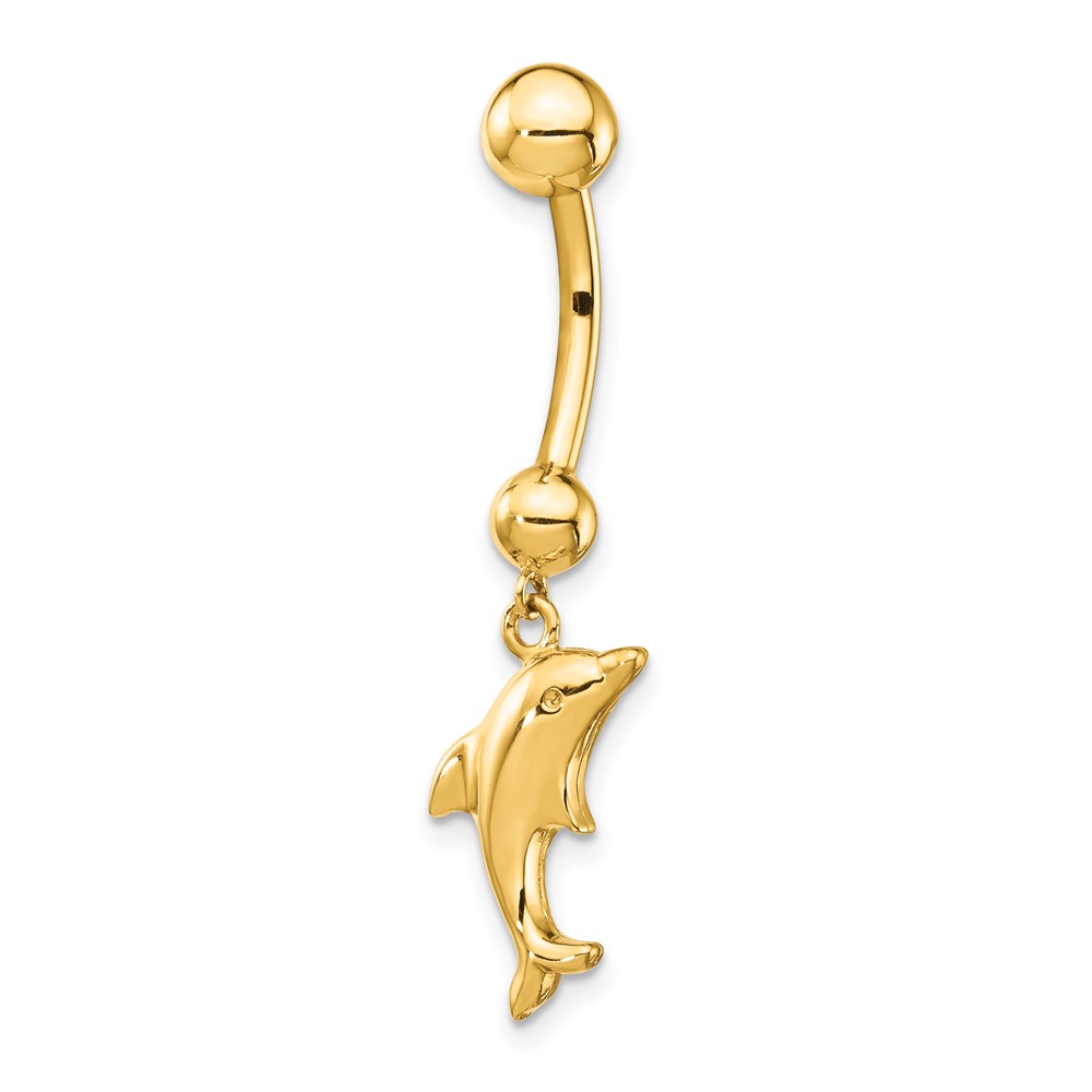 14K Yellow Gold 14 Gauge Dolphin Dangle Belly Ring