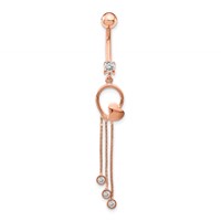 14K Rose Gold 14 Gauge CZ Heart 3-Chain Dangle Belly Ring view 4