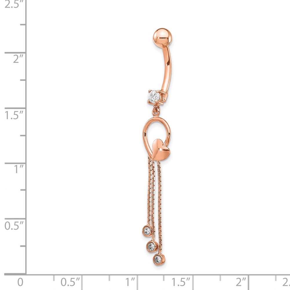 14k Rose Gold 14 Gauge CZ Heart 3-Chain Dangle Belly Ring (BD145)