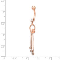 14K Rose Gold 14 Gauge CZ Heart 3-Chain Dangle Belly Ring view 3