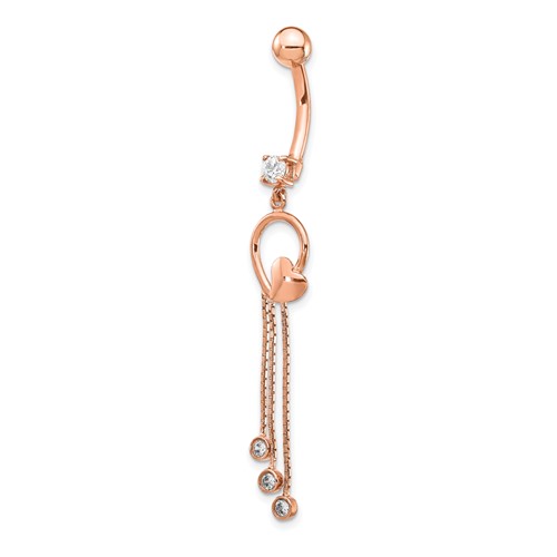 14K Rose Gold 14 Gauge CZ Heart 3-Chain Dangle Belly Ring