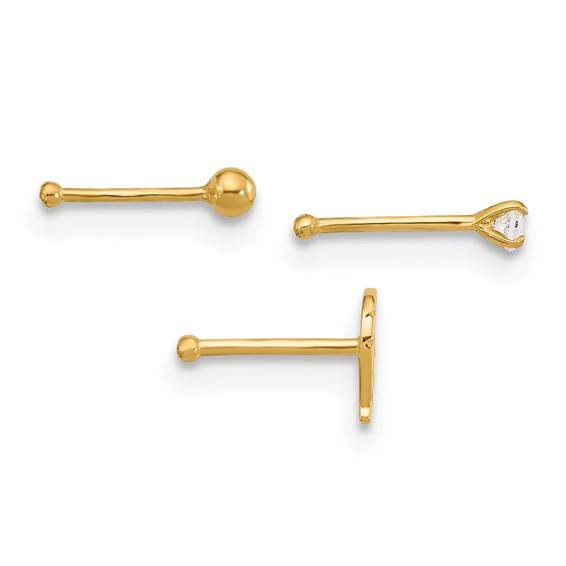 14K 22 Gauge Leaf / 2mm Ball / 2mm CZ  3-piece Nose Stud Set