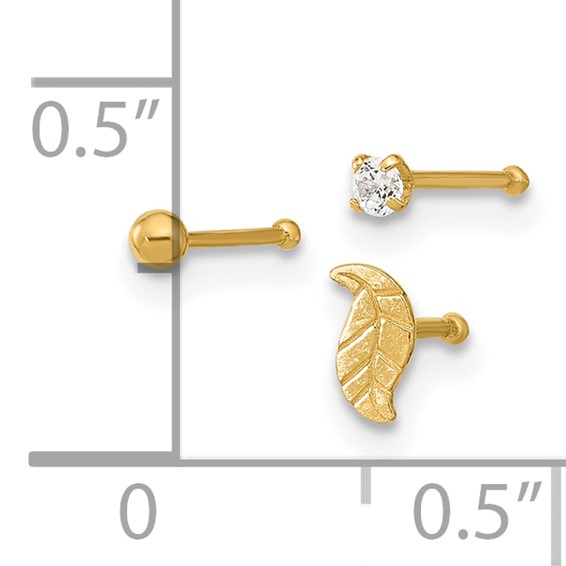 14K 22 Gauge Leaf / 2mm Ball / 2mm CZ  3-piece Nose Stud Set