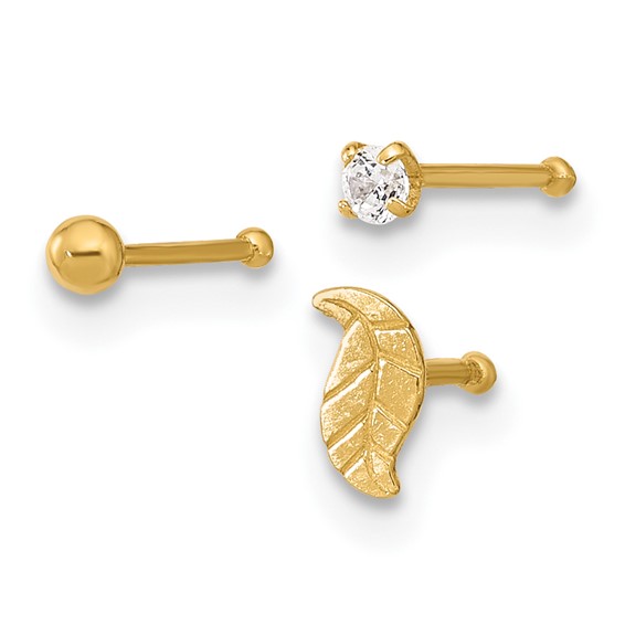 14K 22 Gauge Leaf / 2mm Ball / 2mm CZ  3-piece Nose Stud Set
