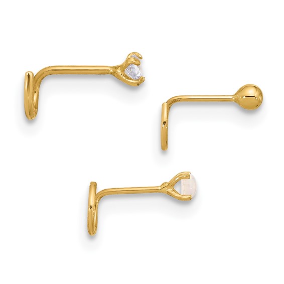 14K 22 Gauge 2mm CZ / 2mm Synthetic Opal / 2mm Ball 3-piece Nose Post Set