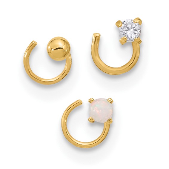 14K 22 Gauge 2mm CZ / 2mm Synthetic Opal / 2mm Ball 3-piece Nose Post Set