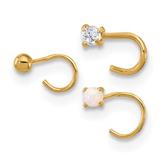 14K 22 Gauge 2mm CZ / 2mm Synthetic Opal / 2mm Ball 3-piece Nose Post Set