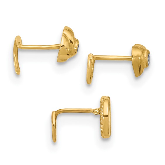 14K 22 Gauge CZ Heart / Flower / Circle 3-piece Nose Post Set