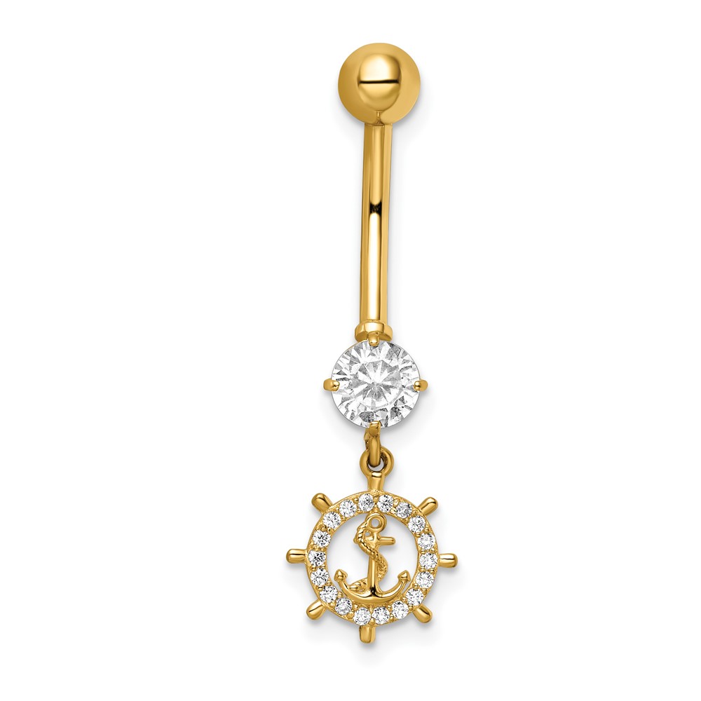 14k 14 Gauge CZ Anchor & Ships Wheel Belly Ring (BD213)