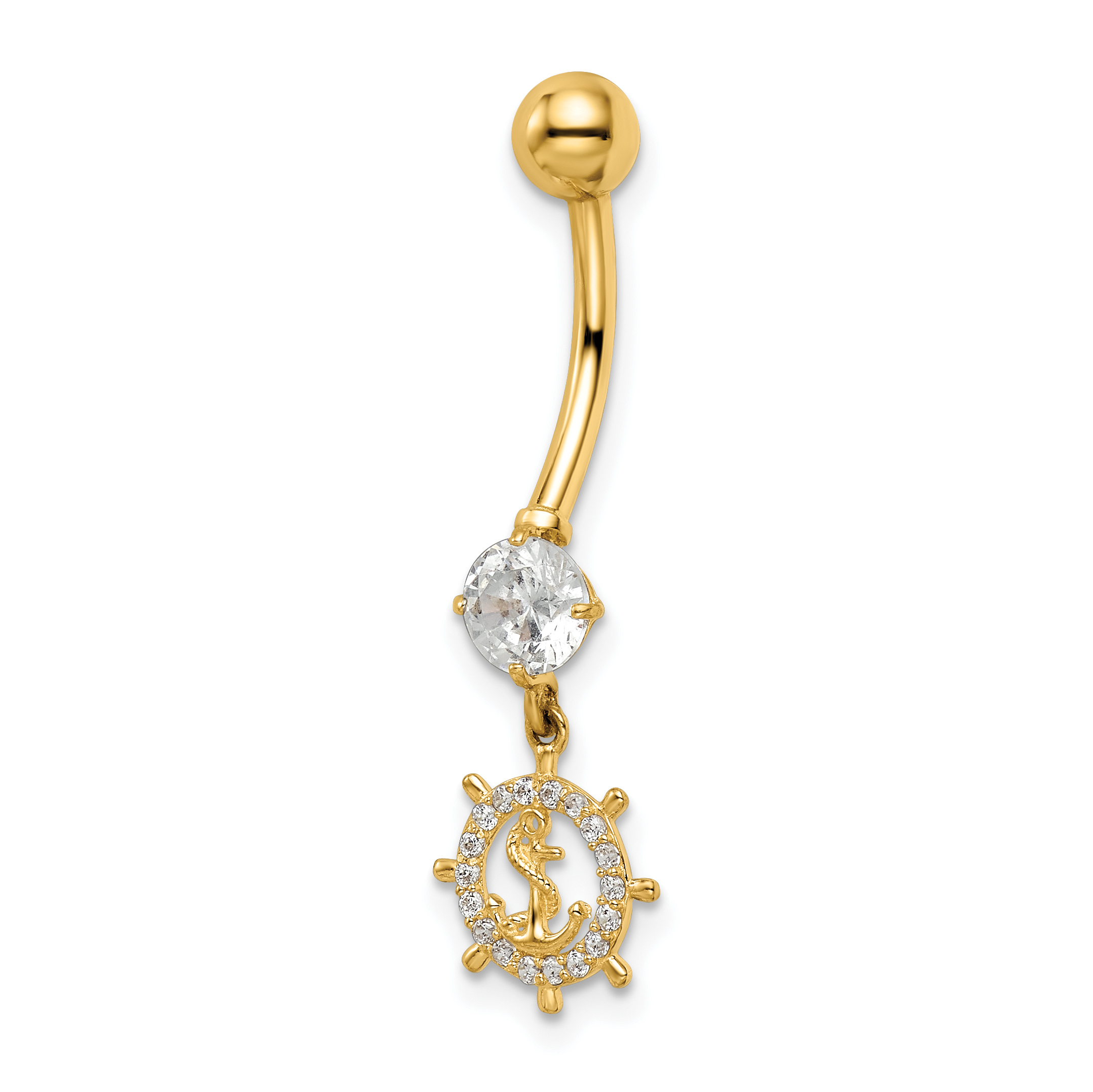 14k 14 Gauge CZ Anchor & Ships Wheel Belly Ring (BD213)