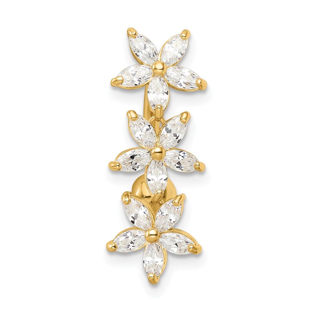 14k 14 Gauge CZ 3 Flowers Dangle Belly Ring (BD217)