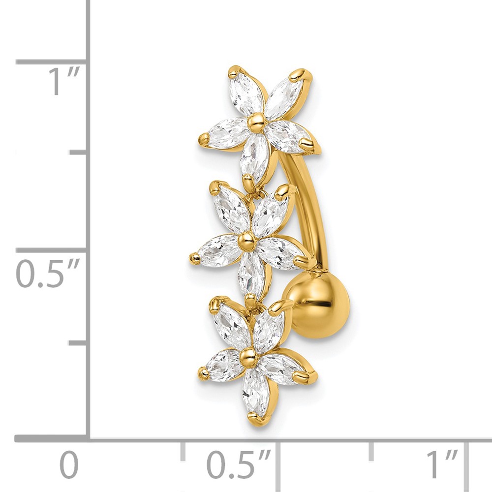 14k 14 Gauge CZ 3 Flowers Dangle Belly Ring (BD217)
