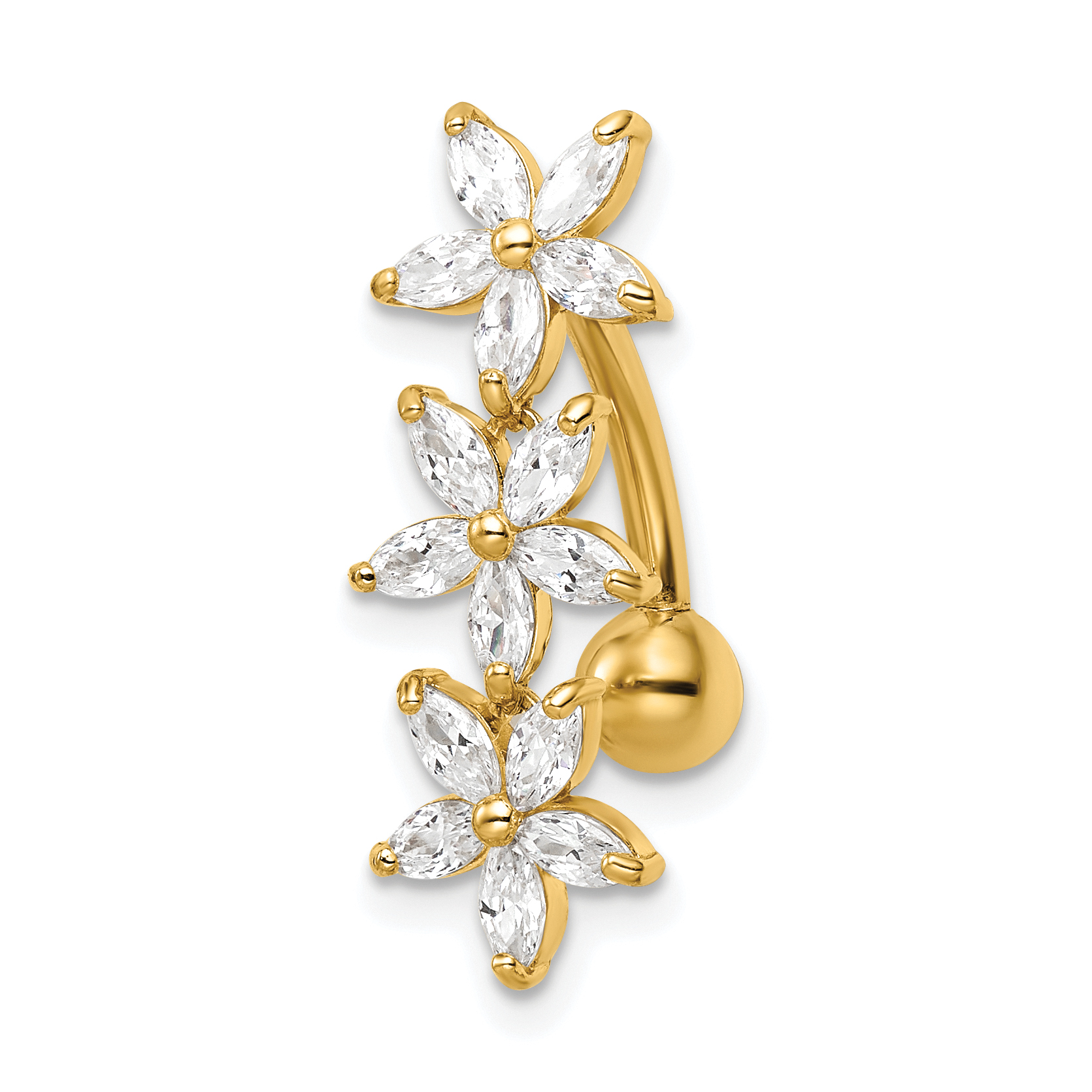 14k 14 Gauge CZ 3 Flowers Dangle Belly Ring (BD217)