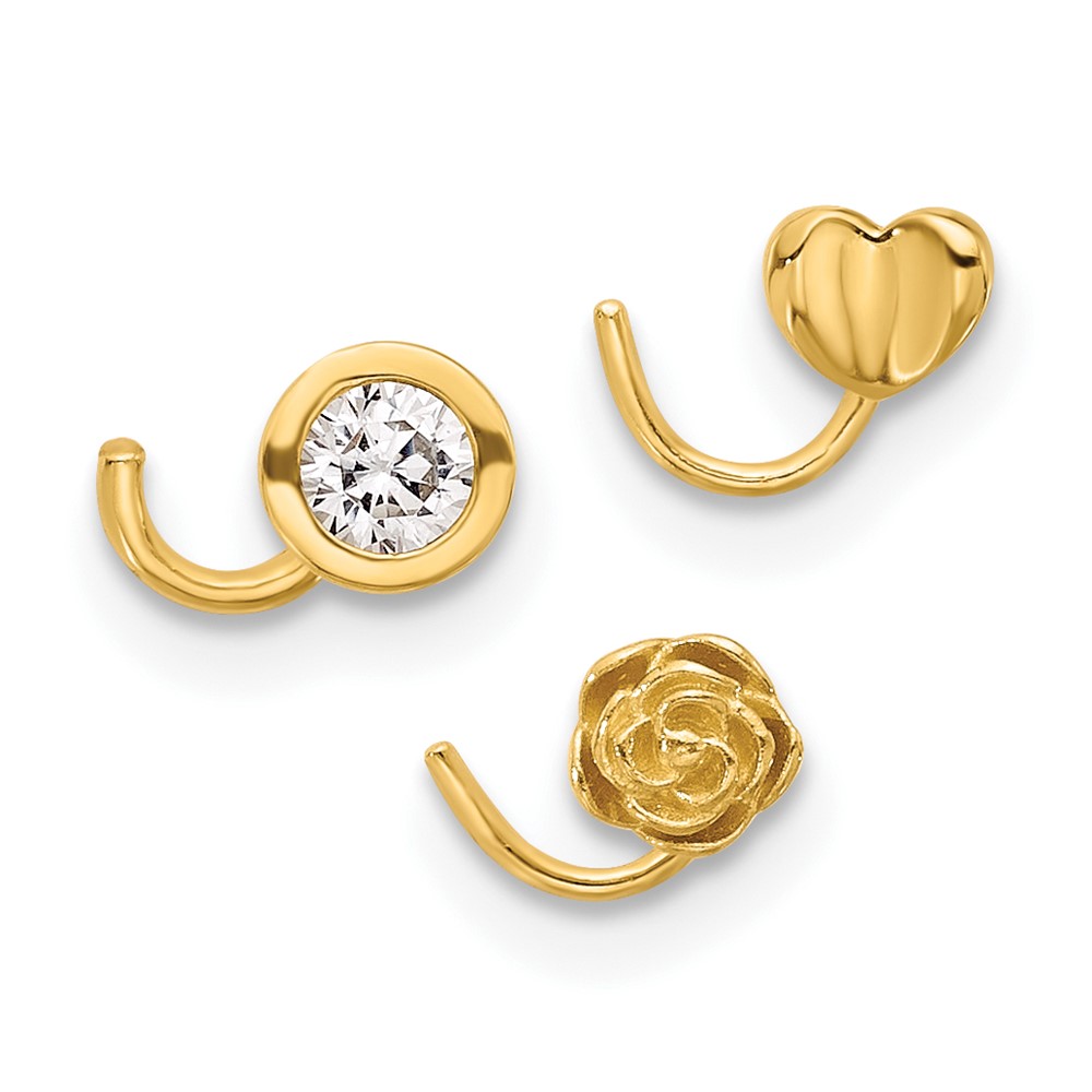 14K 22 Gauge Polished CZ, Flower and Heart Nose Ring Set (BD238)