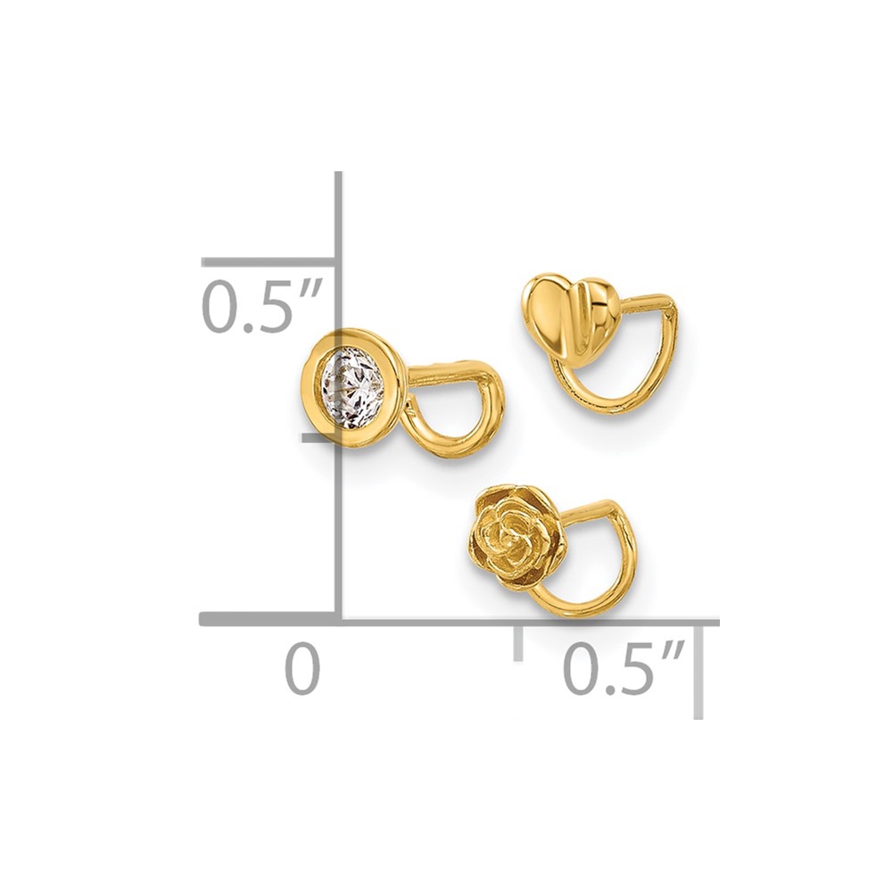 14K 22 Gauge Polished CZ, Flower and Heart Nose Ring Set (BD238)