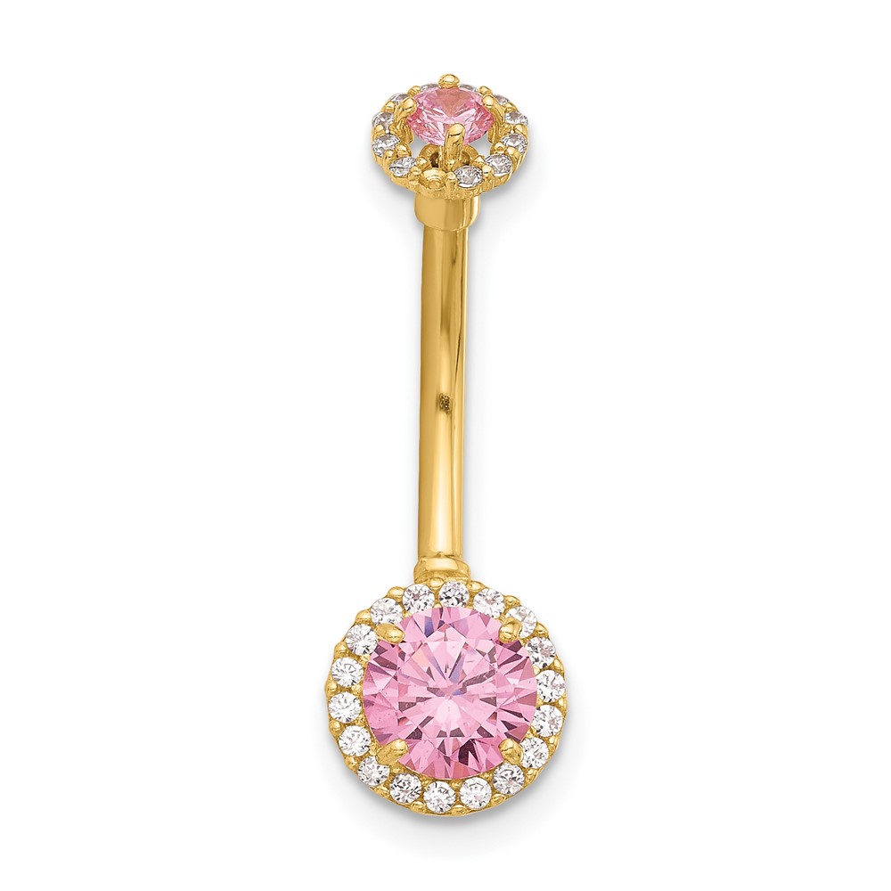 14K 14 Gauge Polished Pink and White CZ Navel/Belly Ring (BD269)
