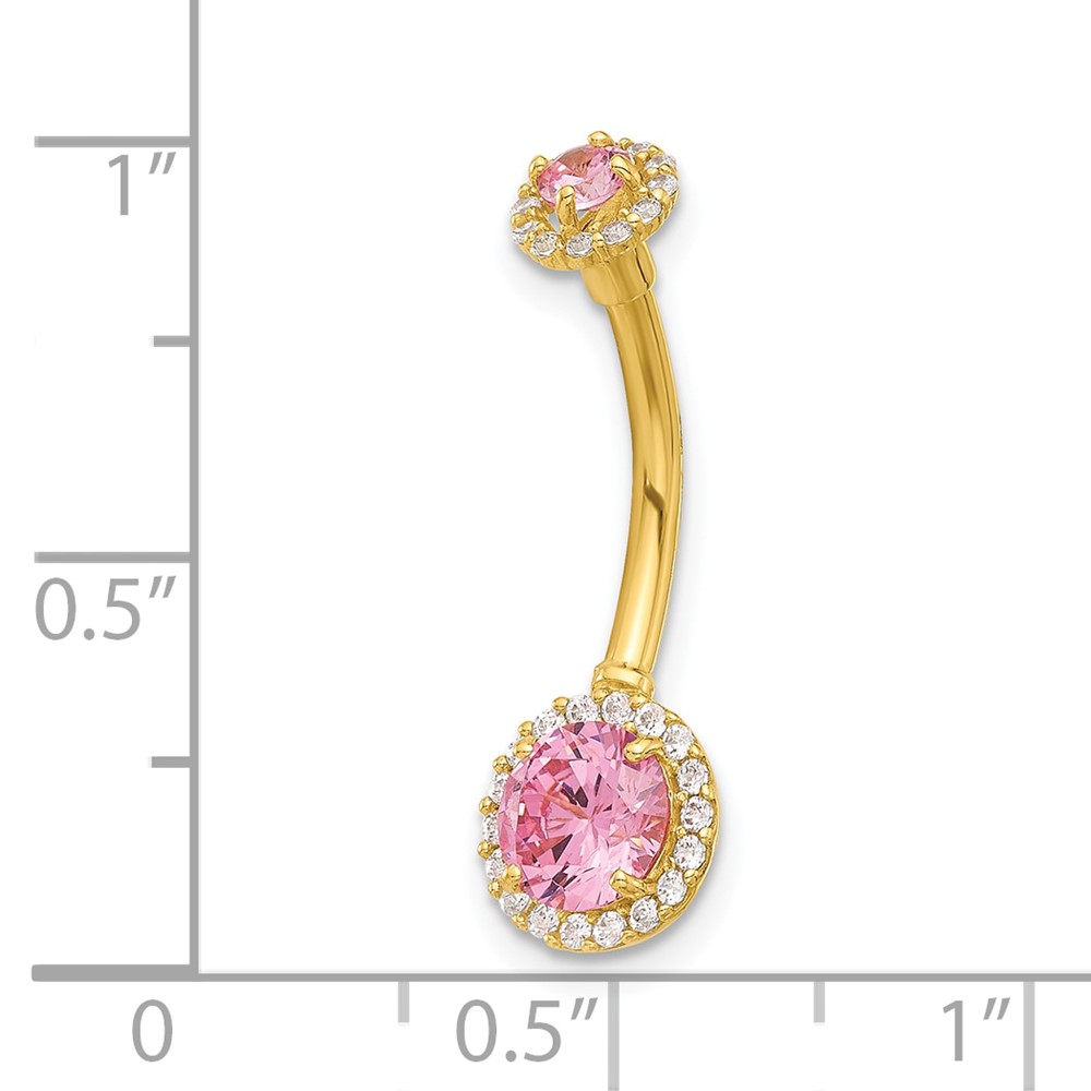 14K 14 Gauge Polished Pink and White CZ Navel/Belly Ring (BD269)