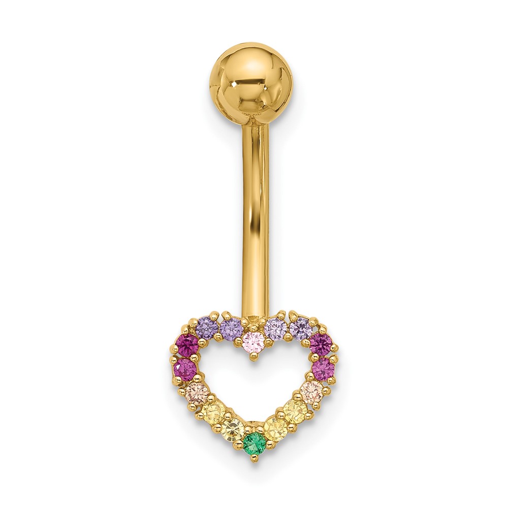 14k 14 Gauge Polished Rainbow CZ Heart Belly / Navel Ring (BD286)