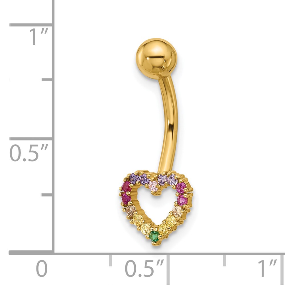 14k 14 Gauge Polished Rainbow CZ Heart Belly / Navel Ring (BD286)