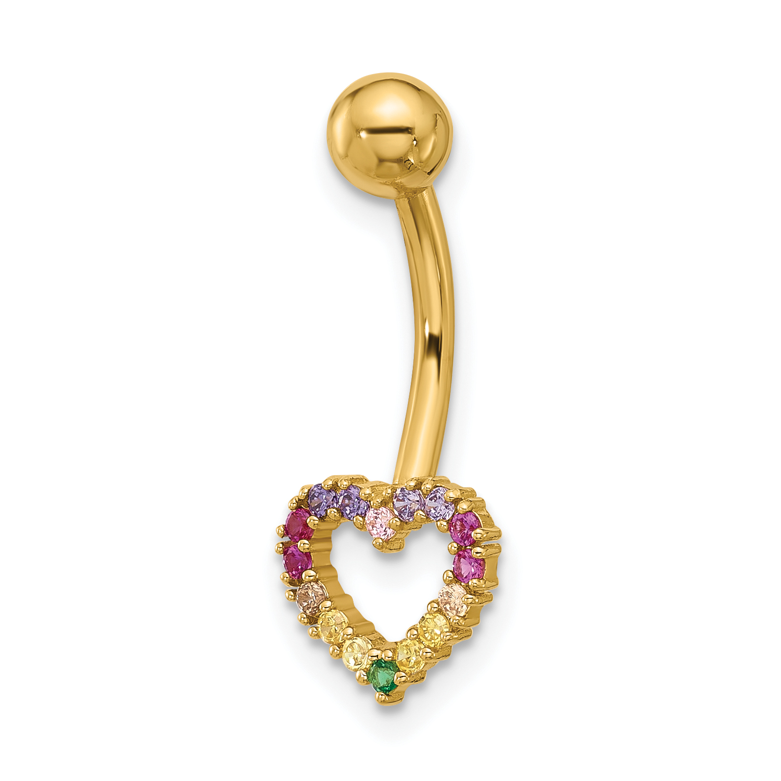 14k 14 Gauge Polished Rainbow CZ Heart Belly / Navel Ring (BD286)