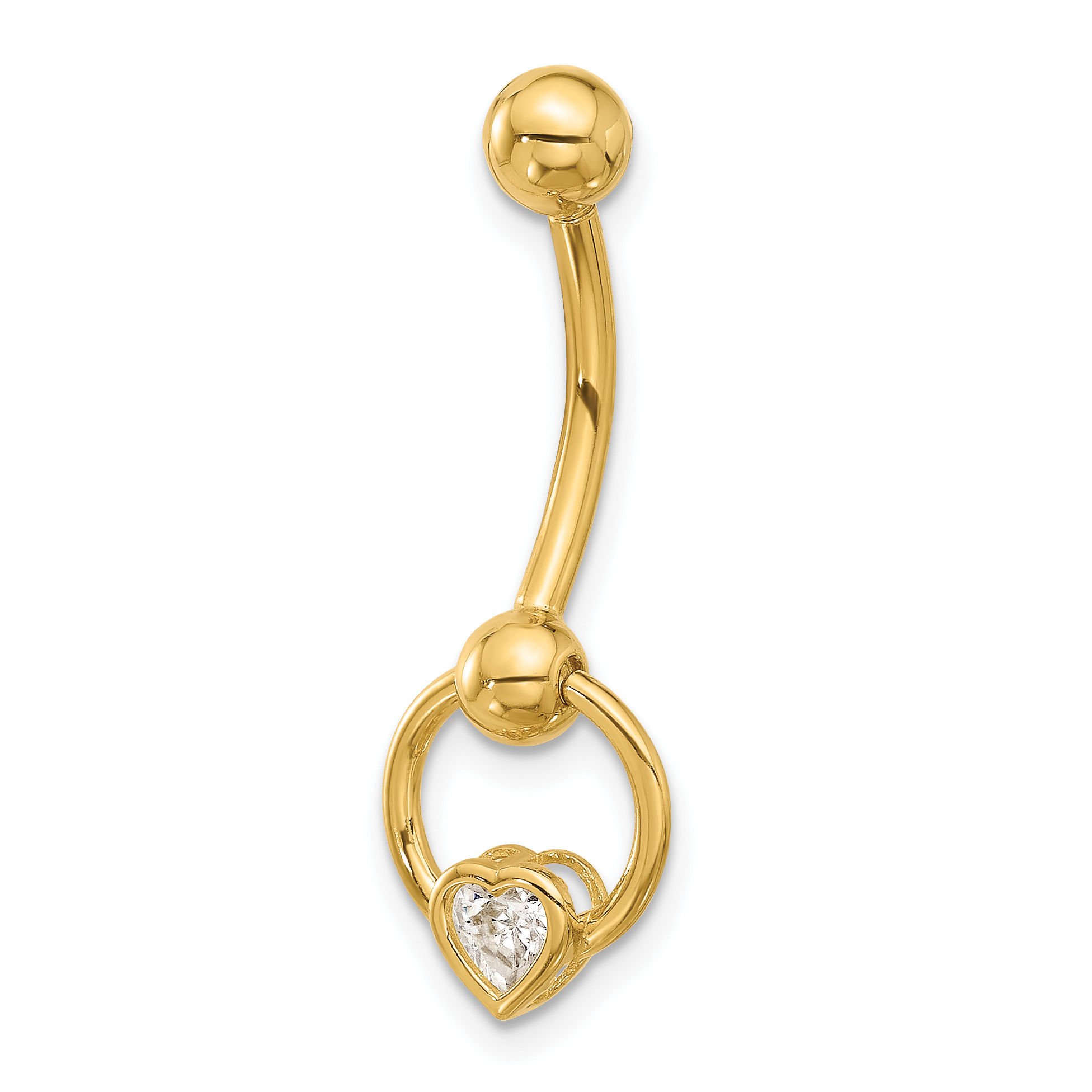 14K 14 Gauge Polished CZ Heart Dangle Navel/Belly Ring (BD287)