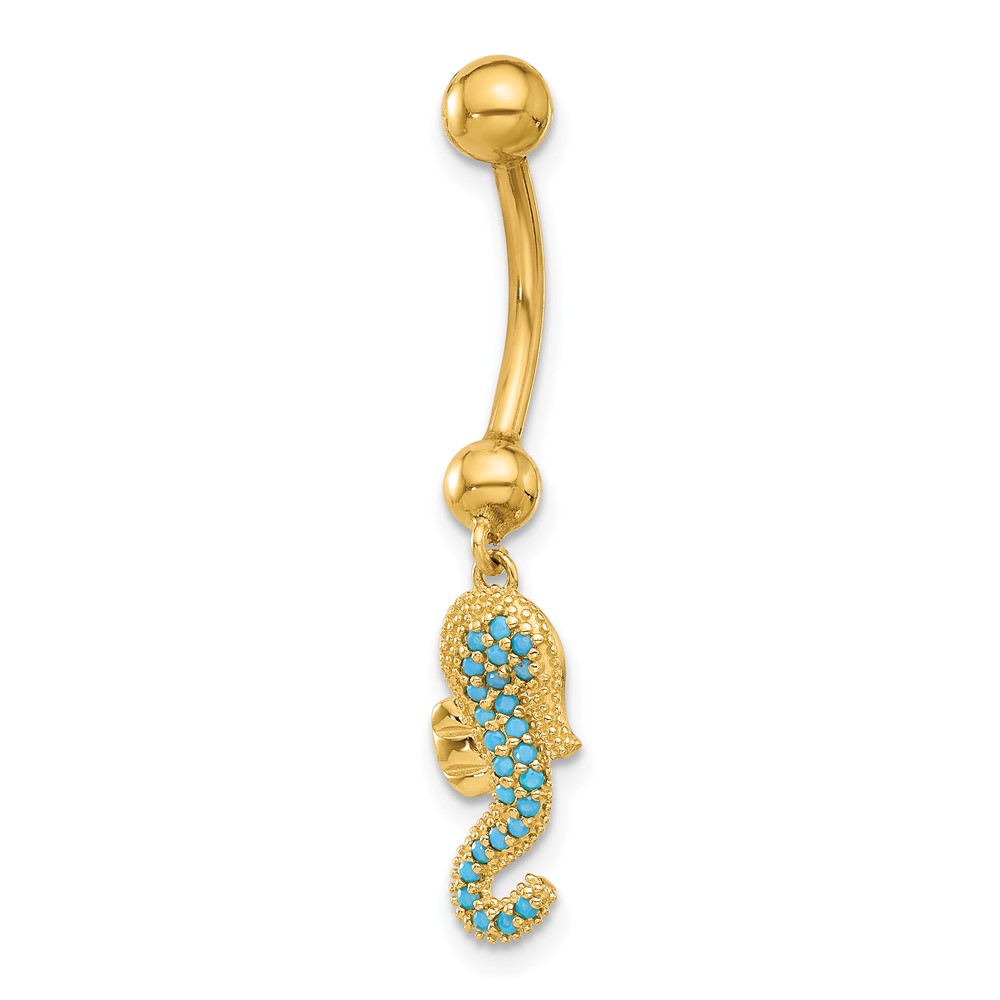 14K 14 Gauge Polished Blue CZ Seahorse Dangle Navel/Belly Ring (BD288)