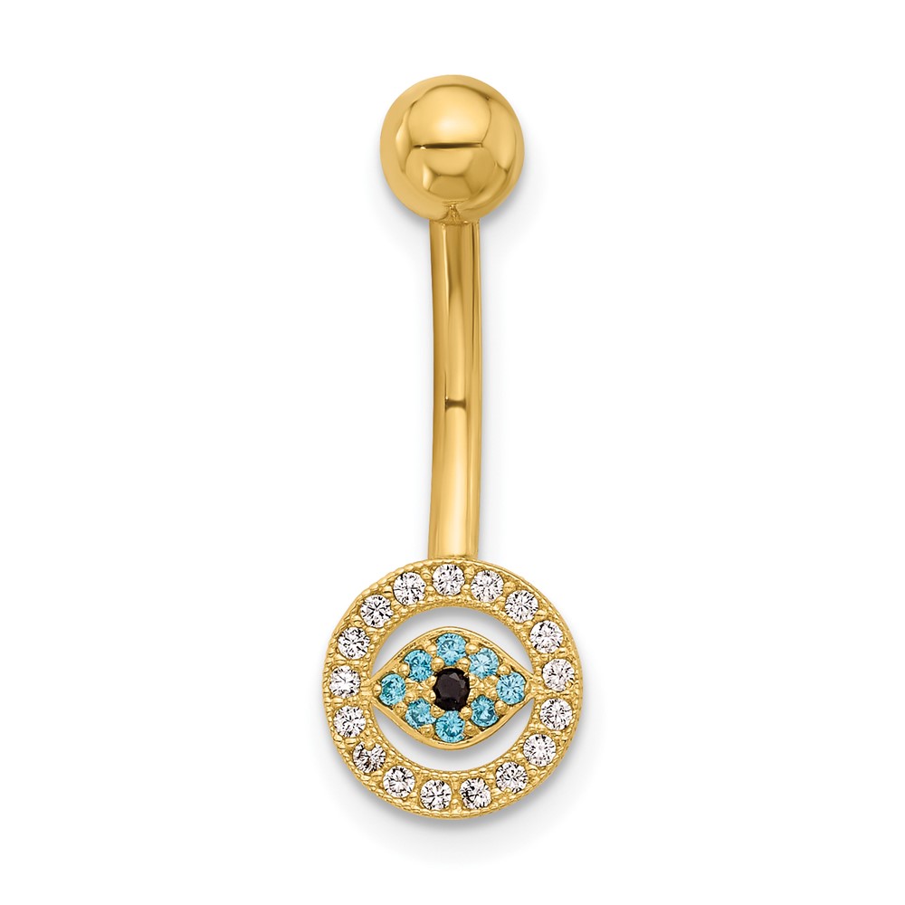14K 14 Gauge Polished Multi-color CZ Evil Eye Navel/Belly Ring (BD290)
