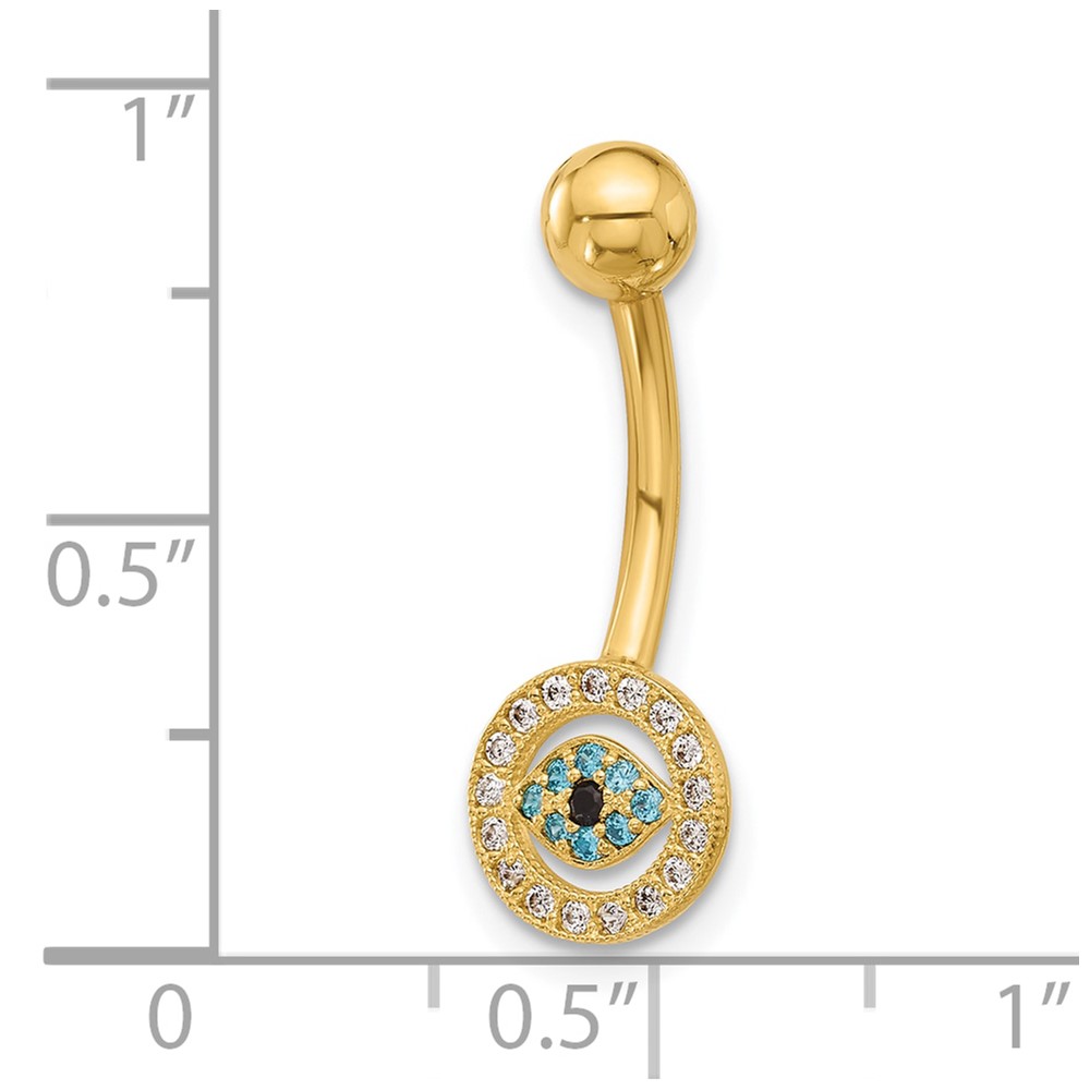 14K 14 Gauge Polished Multi-color CZ Evil Eye Navel/Belly Ring (BD290)