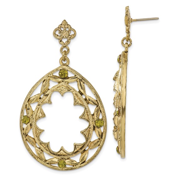 1928 Jewlry Brass-tone Filigree Green Crystal Pear Shaped Dangle Post Earrings