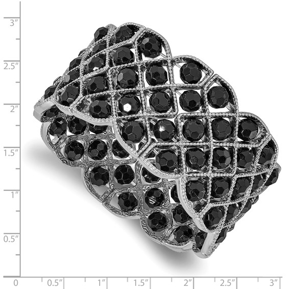 1928 Jewelry Silver-tone Wide Frame Jet Black Faceted Acrylic Beads Stretch Bracelet