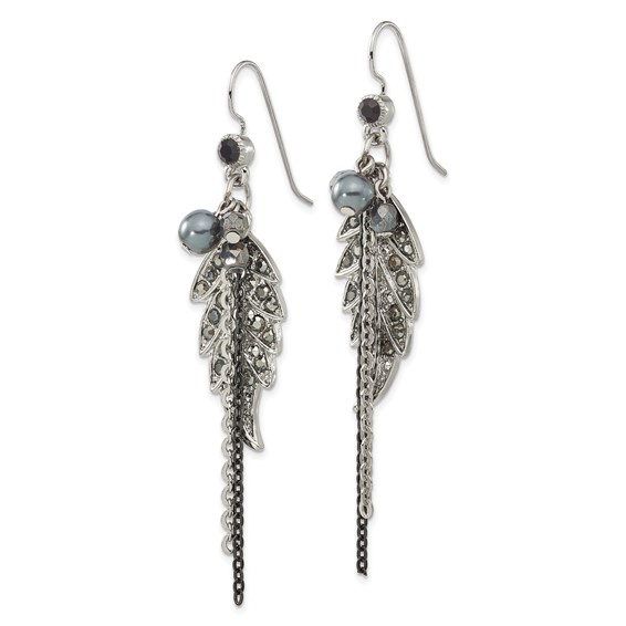 1928 Jewelry Silver-tone and Black-plated Leaf Pattern Jet Black and Hematite Crystal and Glass Beads Dangle Earrings