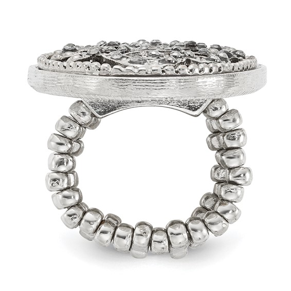 1928 Silver-tone Black Enamel and Black Crystal Vintage Vine Pattern Stretch Ring