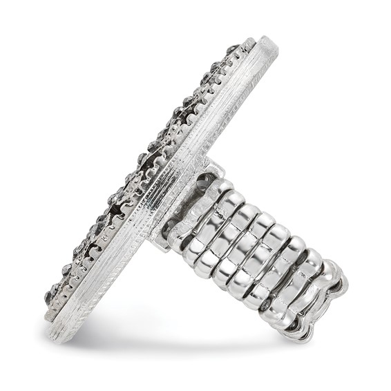 1928 Silver-tone Black Enamel and Black Crystal Vintage Vine Pattern Stretch Ring