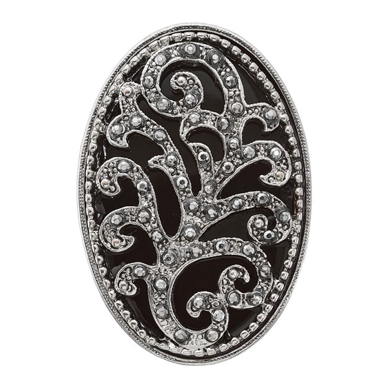 1928 Silver-tone Black Enamel and Black Crystal Vintage Vine Pattern Stretch Ring