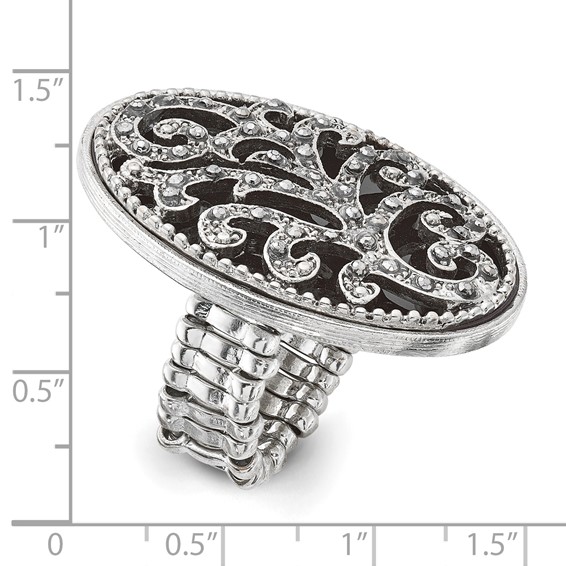 1928 Silver-tone Black Enamel and Black Crystal Vintage Vine Pattern Stretch Ring