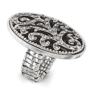1928 Silver-tone Black Enamel and Black Crystal Vintage Vine Pattern Stretch Ring