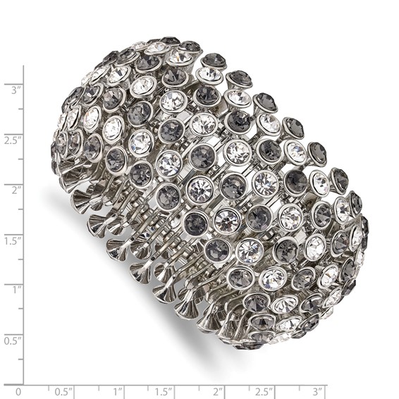 1928 Jewelry Silver-tone Wide Jet Black and Clear Crystals and Acrylic Stones Stretch Bracelet