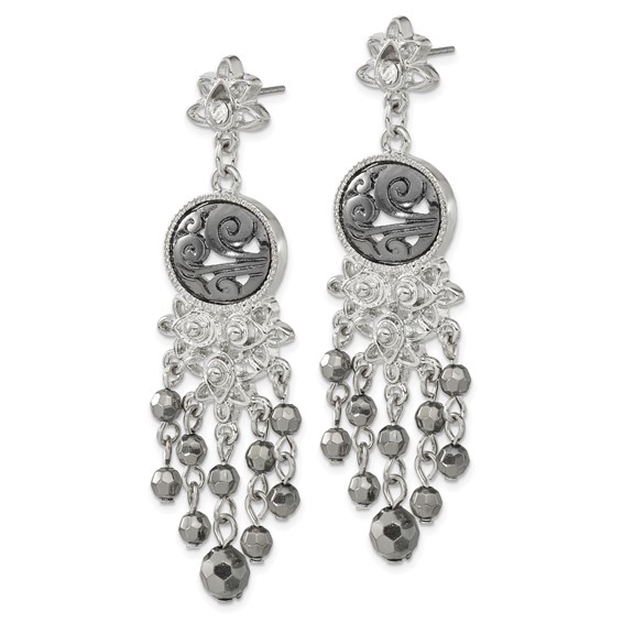 1928 Jewelry Silver-tone & Black-plated Filigree Clear and Hematite Faceted Acrylic Beads Long Dangle Post Earrings