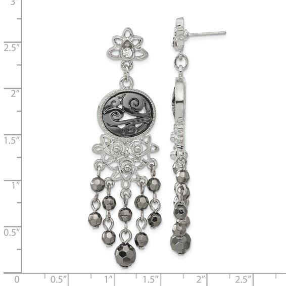 1928 Jewelry Silver-tone & Black-plated Filigree Clear and Hematite Faceted Acrylic Beads Long Dangle Post Earrings