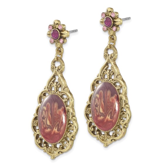 1928 Jewelry Brass-tone Filigree Frame Purple Crystal Oval Purple Enamel Teardrop Dangle Post Earrings