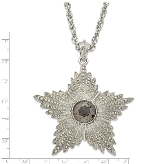 1928 Jewelry Large Silver-tone Textured Hematite Epoxy Faceted Stone Center Star 32 inch Necklace