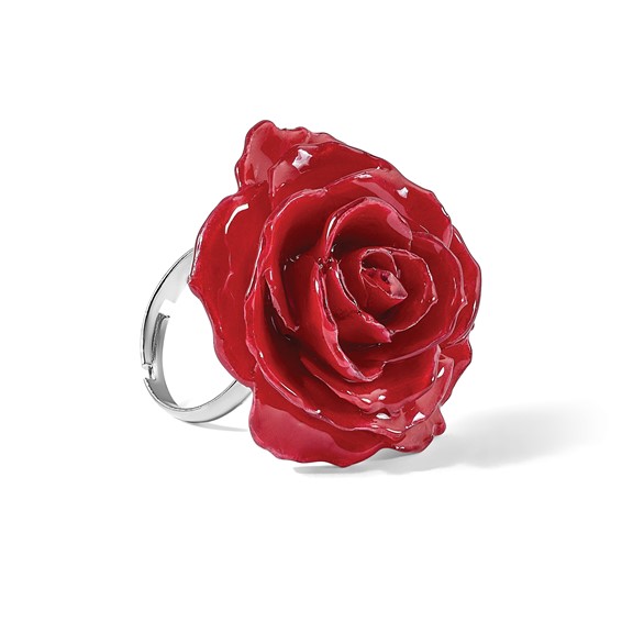 Lacquer Dipped Red Real Rose Adjustable Silver-tone Ring