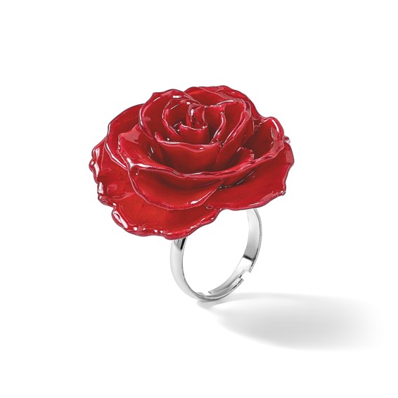 Lacquer Dipped Red Real Rose Adjustable Silver-tone Ring