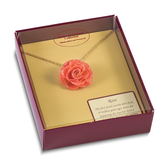 Lacquer Dipped Pink Real Rose with 20 inch Gold-tone Necklace