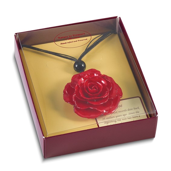 Lacquer Dipped Large Red Real Rose with Glass Bead on 18 inch Black Cotton Cord Necklace