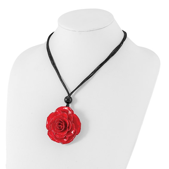 Lacquer Dipped Large Red Real Rose with Glass Bead on 18 inch Black Cotton Cord Necklace