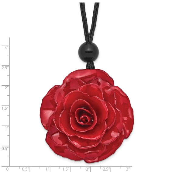 Lacquer Dipped Large Red Real Rose with Glass Bead on 18 inch Black Cotton Cord Necklace