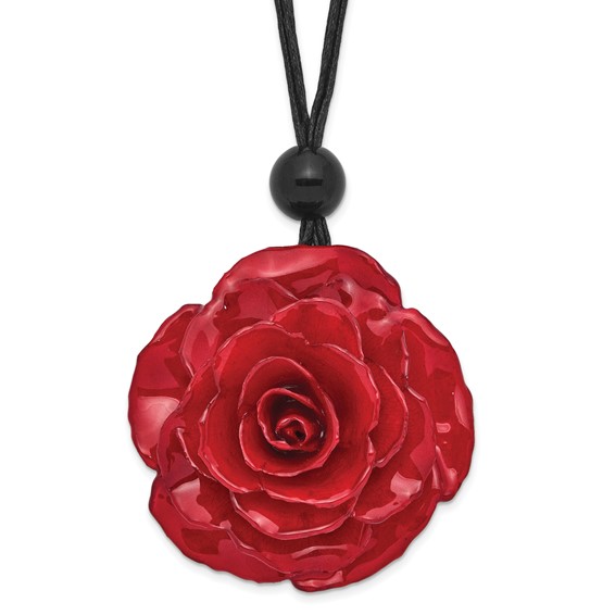 Lacquer Dipped Large Red Real Rose with Glass Bead on 18 inch Black Cotton Cord Necklace