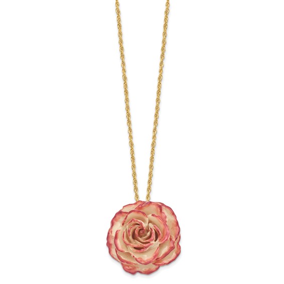 Lacquer Dipped Cream and Fuchsia Real Rose with 20 inch Gold-tone Necklace